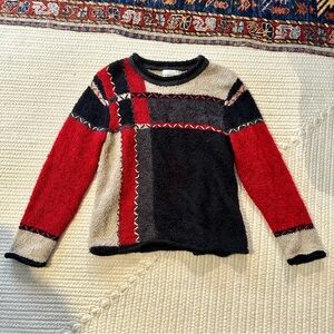 Christopher & Banks Red Patchwork Crewneck Sweater Hand Embroidered